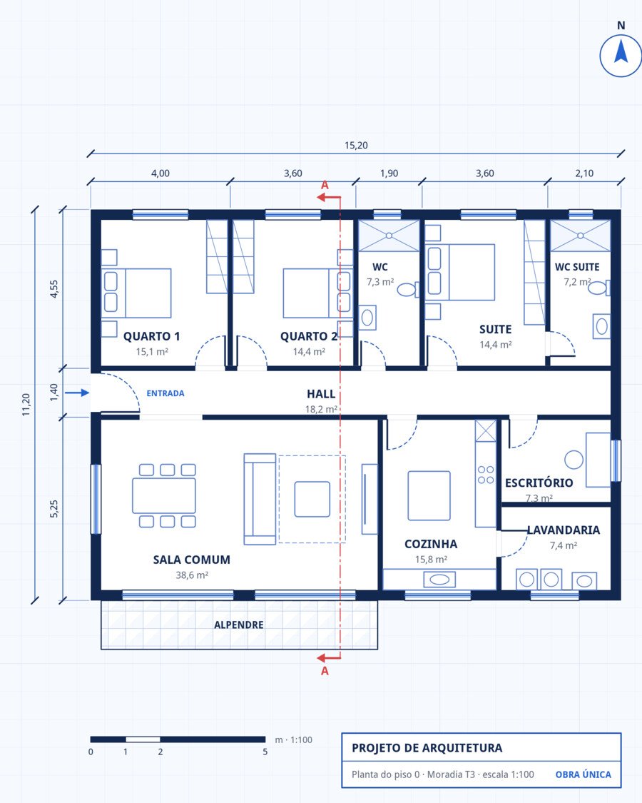 Planta do piso 0 de uma moradia T3, com paredes, portas, janelas, mobiliário, cotas e quadro de áreas.