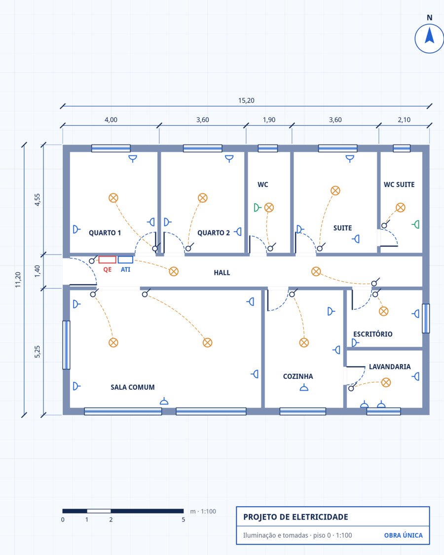Planta de eletricidade com quadro elétrico, pontos de luz, interruptores e tomadas em cada divisão.