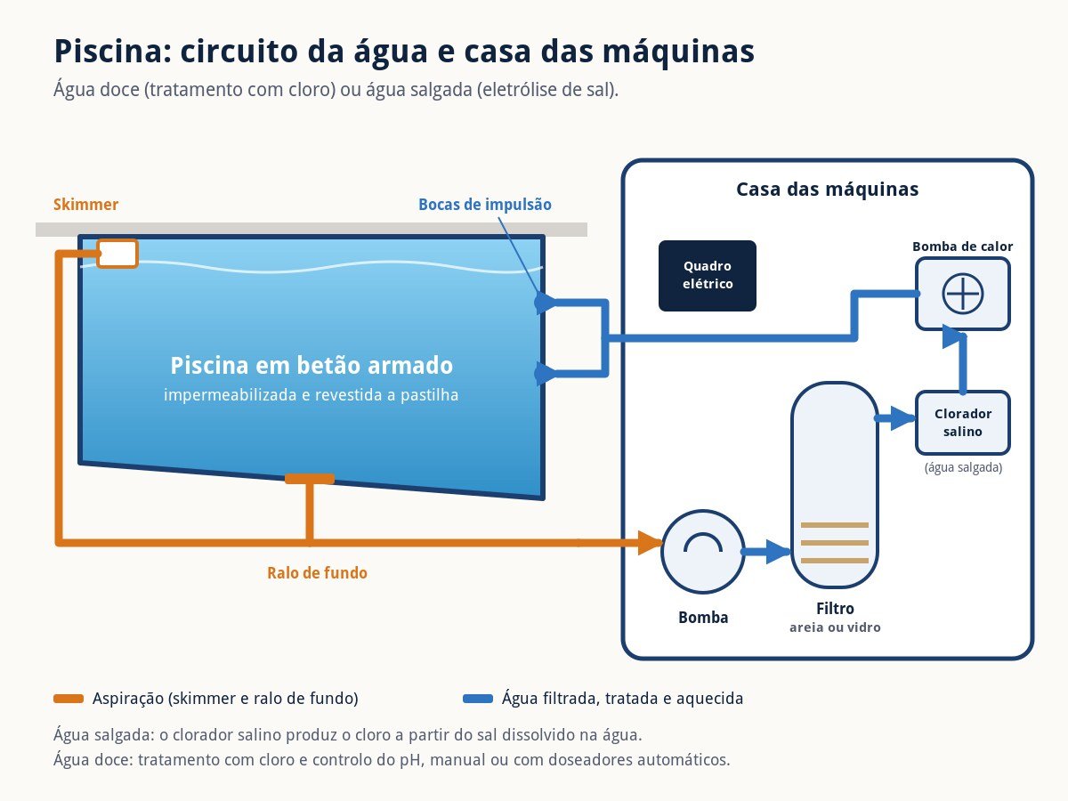 Esquema de uma piscina e da casa das máquinas: skimmer, ralo de fundo, bomba, filtro, clorador salino, bomba de calor e bocas de impulsão.