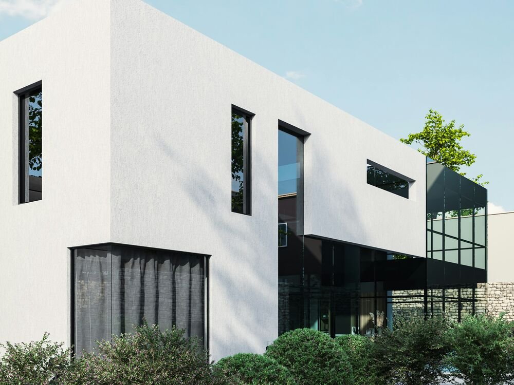 Render de uma fachada branca moderna.