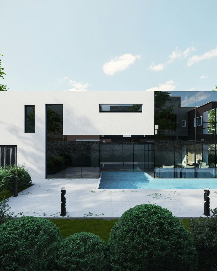 Imagem fotorrealista de uma moradia branca moderna com piscina e jardim.