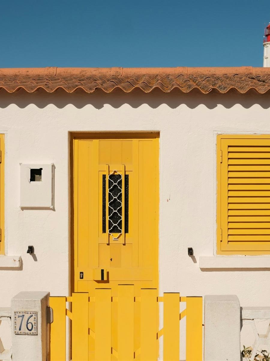 Casa portuguesa de paredes brancas, portadas amarelas e telhado de telha, depois de reabilitada.